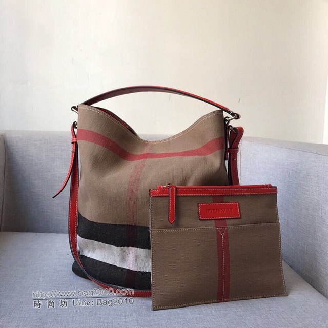 Burberry專櫃新款女包 巴寶莉撞色包黃麻帆布Hobo包 手提肩背水桶包  db1050